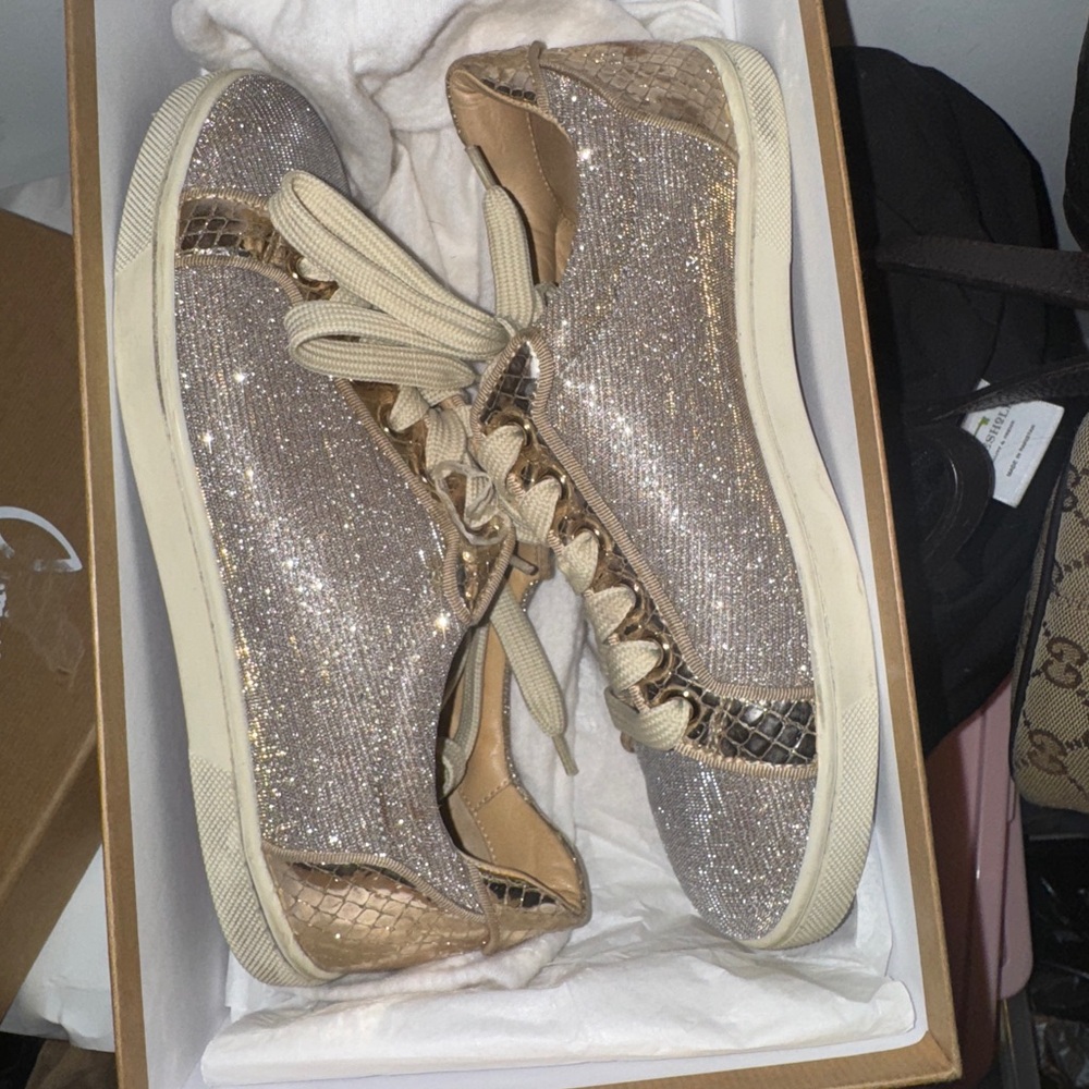 Christian Louboutin Women's Glitter Low-Top Sneakers in Champagne Gold - Picture 1 of 5